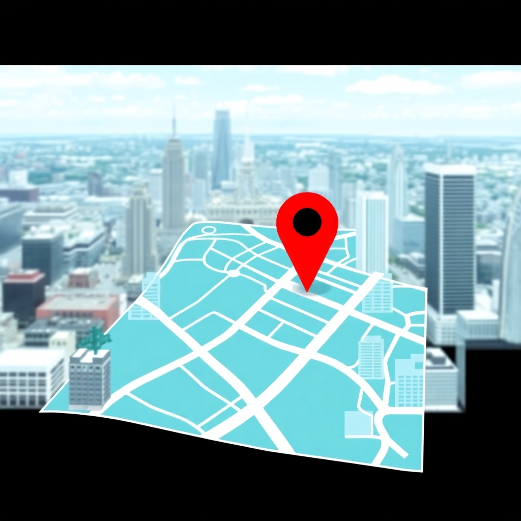 Visualize a map highlighting a specific geographic area with a pin marking the location of a local business. The background should be a bustling cityscape with local landmarks.