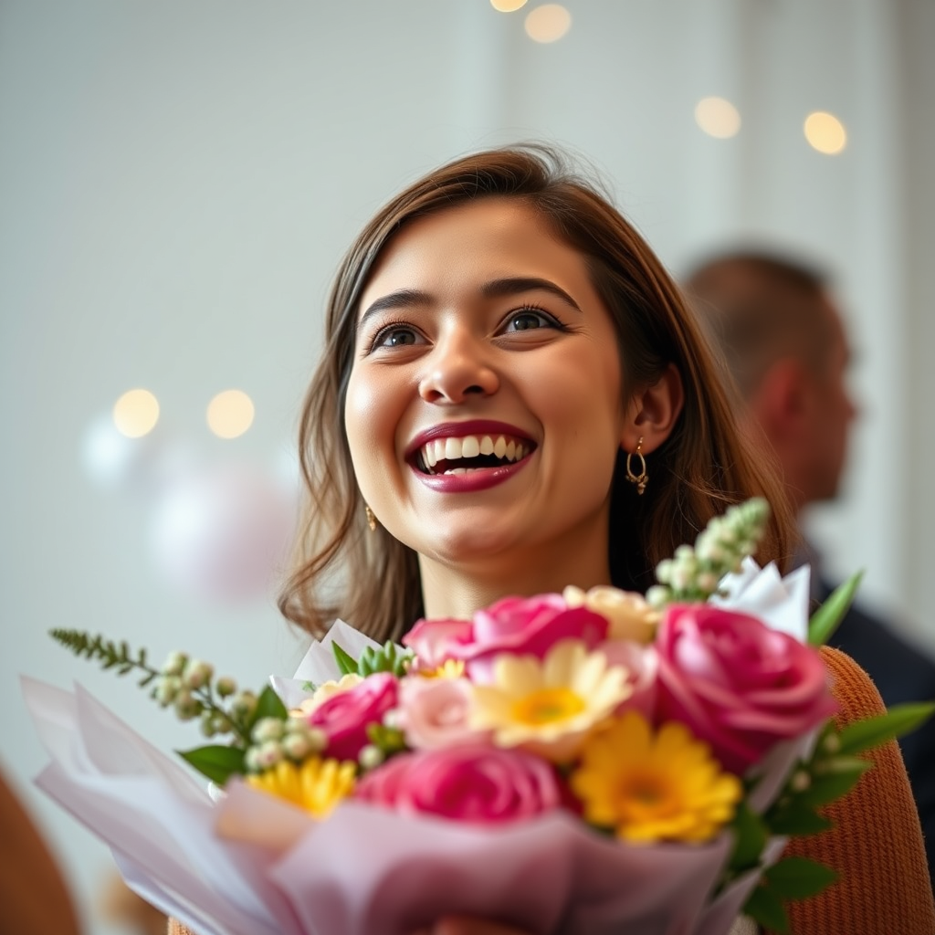 Visualize a person receiving a beautiful floral gift from "Flori cu Suflet Sinaia". The recipient's face expresses joy and surprise. The background should subtly indicate a celebratory occasion. Style reference: Emotional portrait photography.