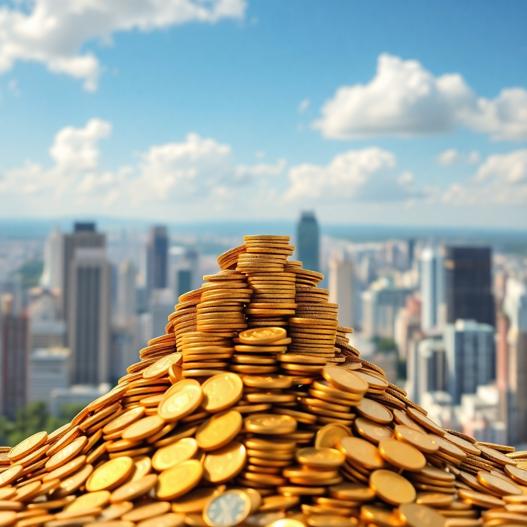 Visualize a pile of coins steadily growing into a mountain of gold, symbolizing a high return on investment. The background should be a prosperous and thriving cityscape.