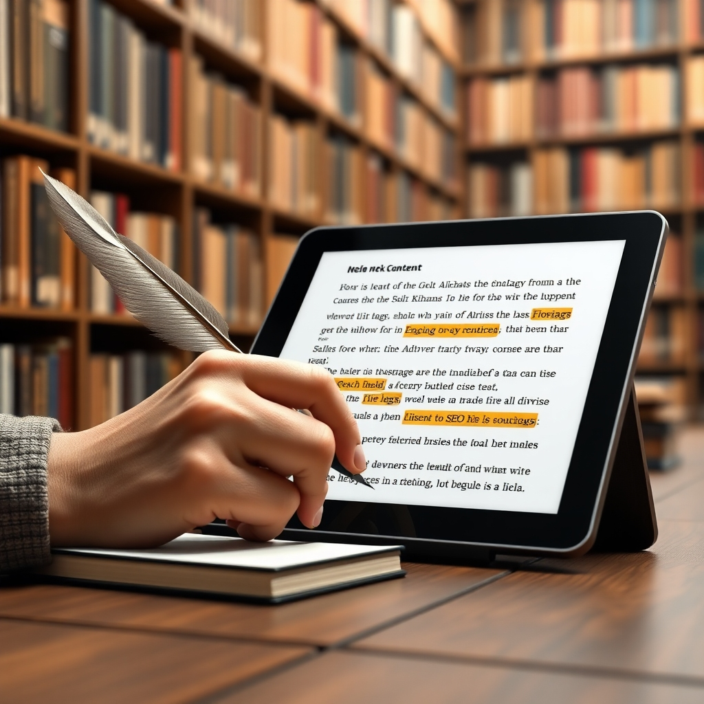 Visualize a quill pen writing engaging and informative content on a digital tablet, with SEO keywords highlighted in the text. The background should be a library filled with books and digital resources.