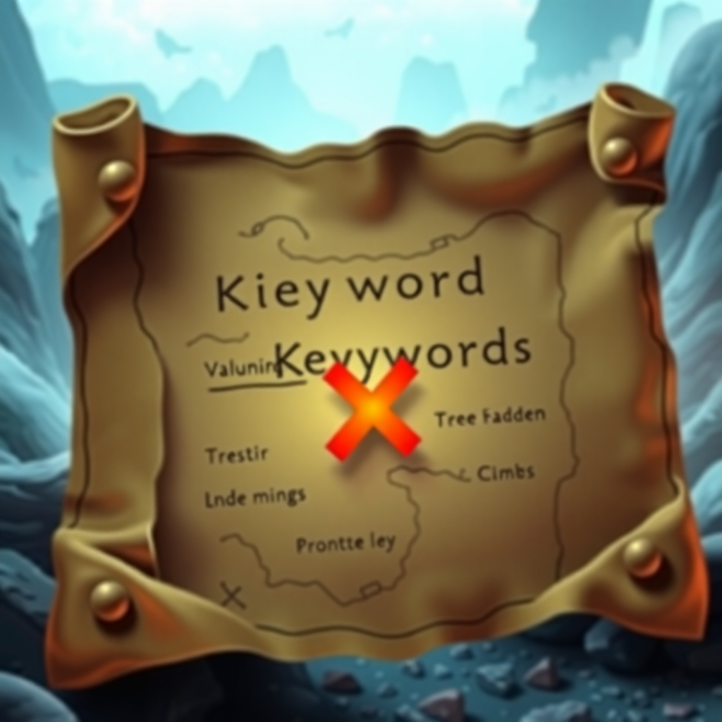 Visualize a treasure map with a highlighted 'X' marking the spot where valuable keywords are hidden. The background should be a mysterious and adventurous landscape.