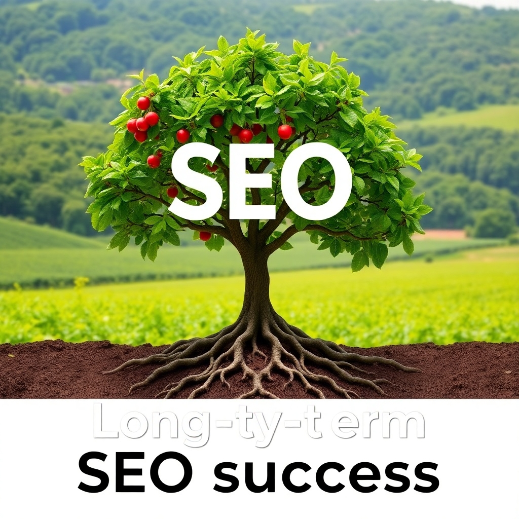Visualize a tree with deep roots firmly planted in the ground, symbolizing long-term SEO success. The tree should be thriving and bearing fruit, representing a continuous flow of leads and customers. The background should be a lush and fertile landscape.