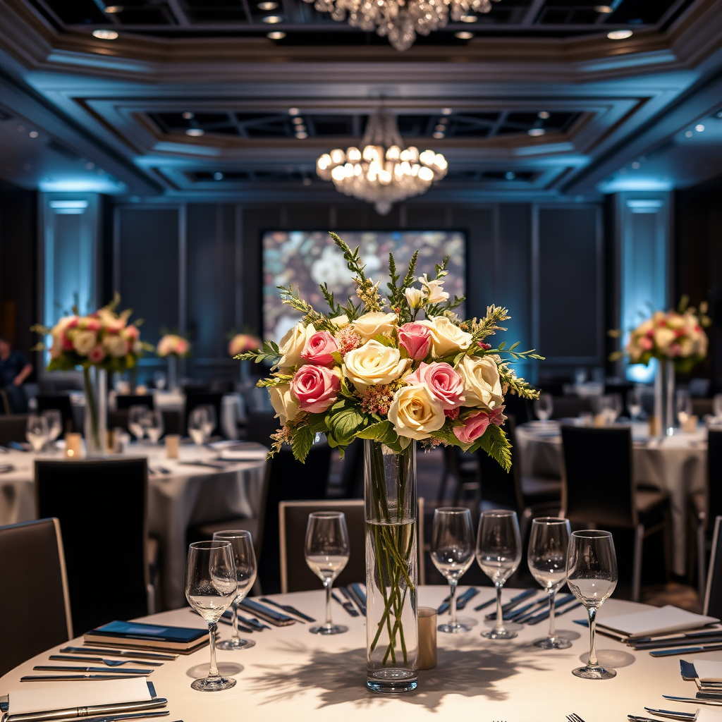 Visualize an elegant corporate event with tables decorated with sophisticated floral arrangements from "Flori cu Suflet Sinaia". The lighting is professional and highlights the details of the flowers and the setting. The atmosphere should be upscale and refined. Style reference: Professional event photography.