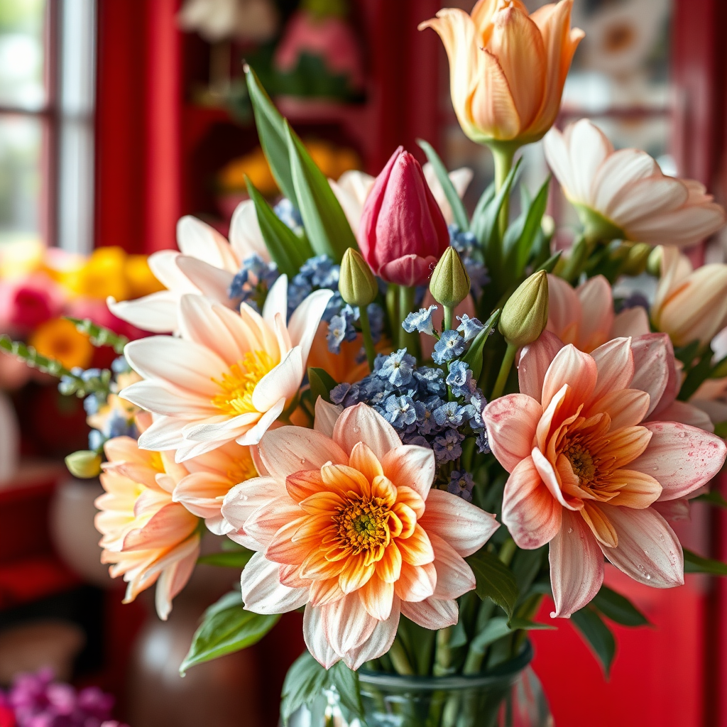 Showcase a close-up, photorealistic image of freshly cut flowers being arranged in a vase. The flowers are vibrant and colorful, with dew drops still visible on the petals. The background is a blurred view of a flower shop, with natural light streaming in. The composition should emphasize the freshness and quality of the flowers. Style reference: Macro floral photography with emphasis on texture and detail.
