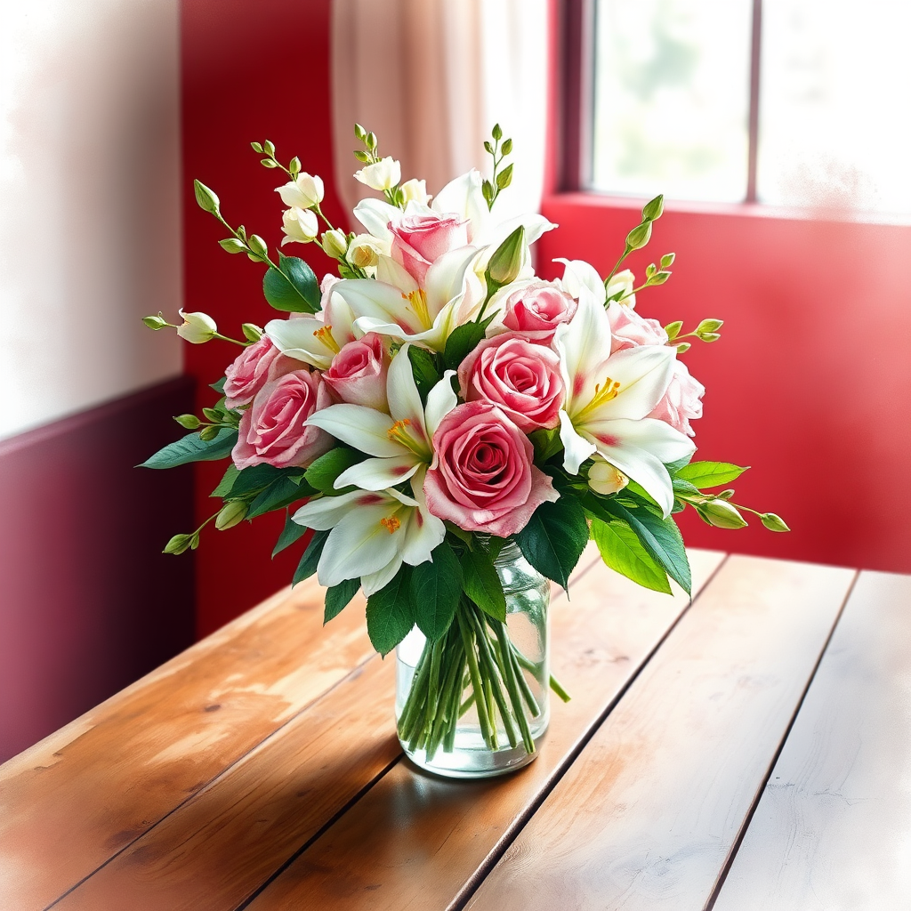 Create a photorealistic image of a custom floral arrangement featuring roses, lilies, and orchids in a glass vase. The arrangement is set on a rustic wooden table with a soft, natural light illuminating the scene. The background is subtly blurred to emphasize the details of the flowers and the vase. The color palette is elegant and sophisticated, with a focus on pastel hues and rich greens. The overall composition should convey a sense of luxury and personalized service. Style reference: High-end floral design photography.