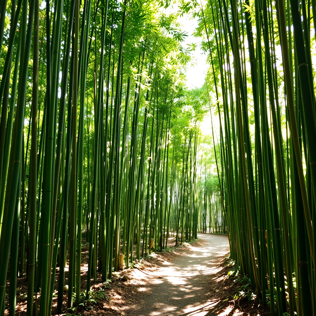 Sunlight filtering through a bamboo forest path
