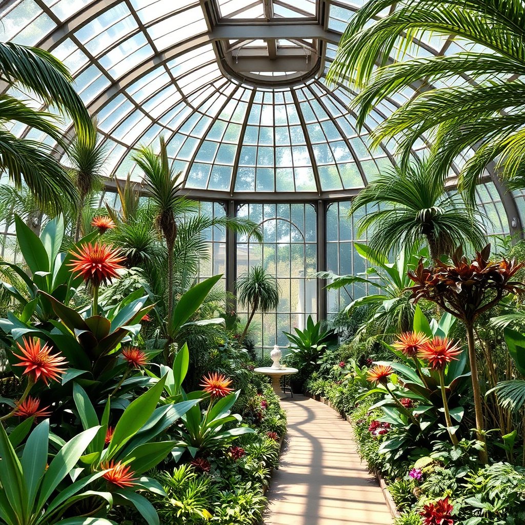 Botanical garden with a glass greenhouse and tropical plants