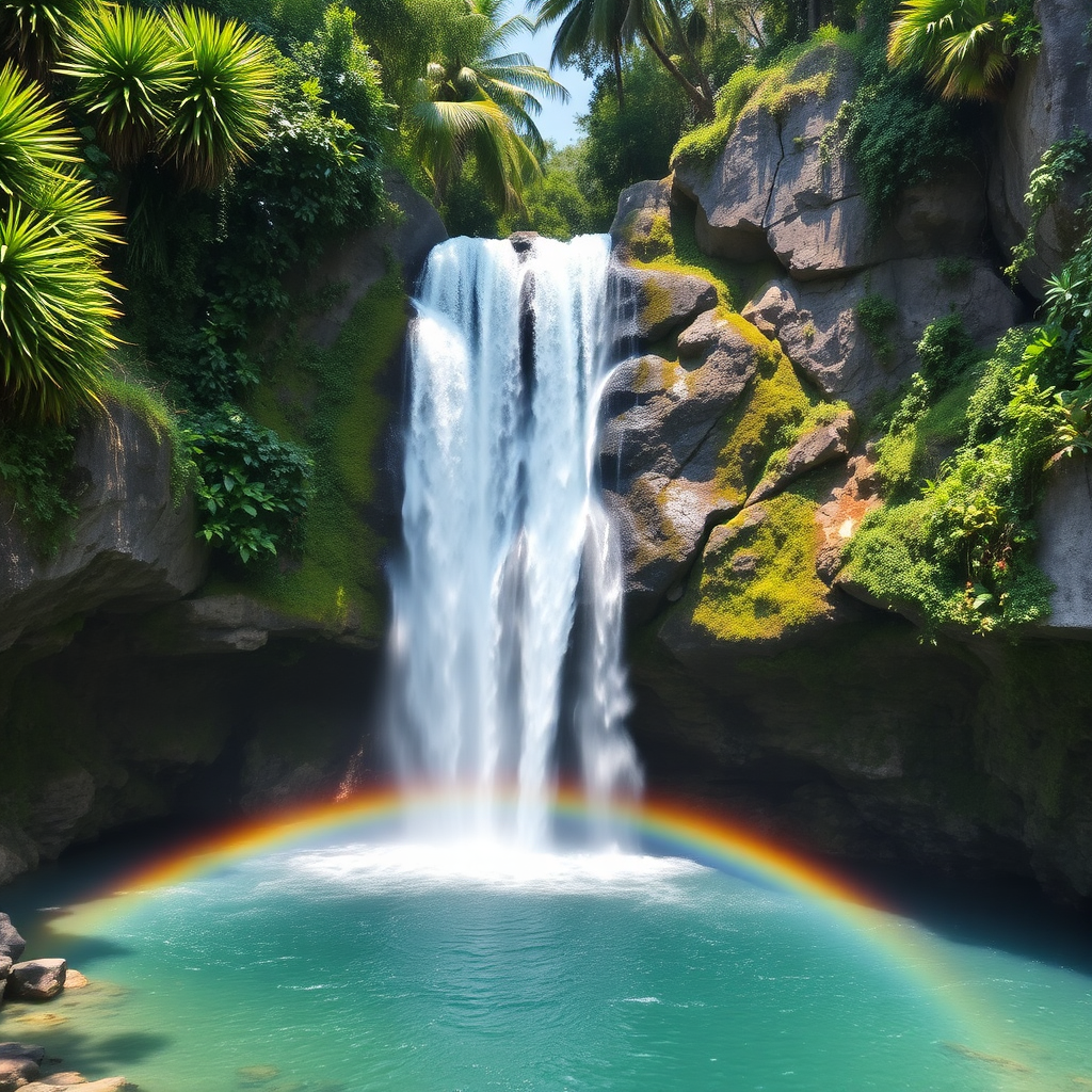 Tropical waterfall cascading into a crystal clear pool