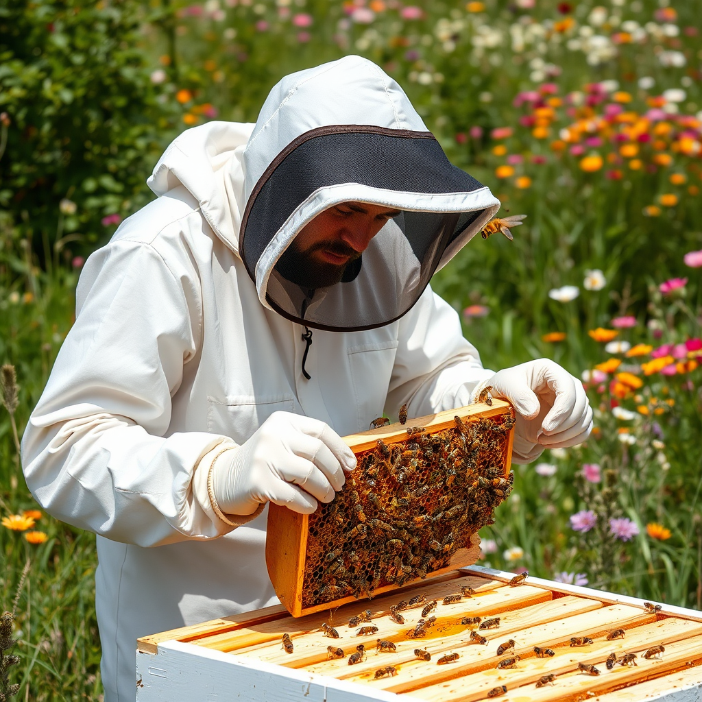 Beekeeper inspecting a honeycomb frame with bees