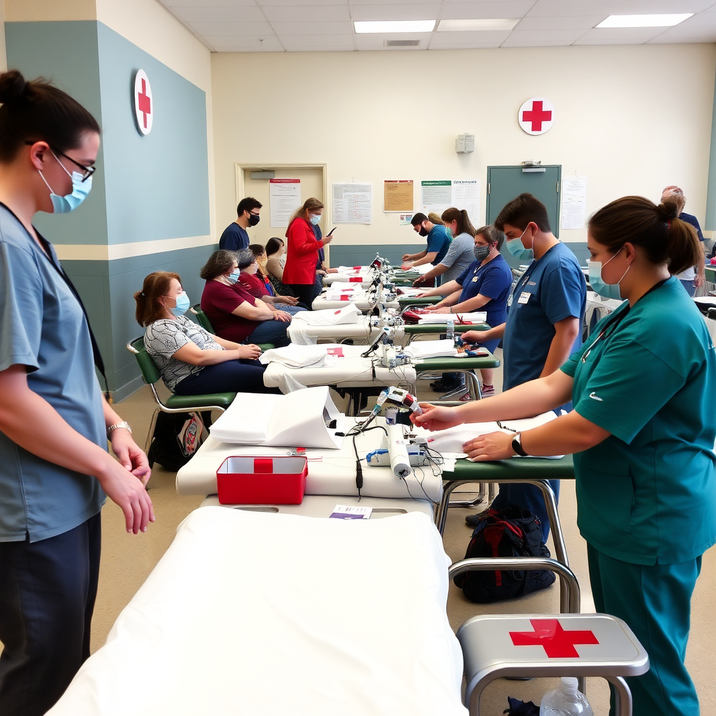 Blood donation drive at a community center with volunteers