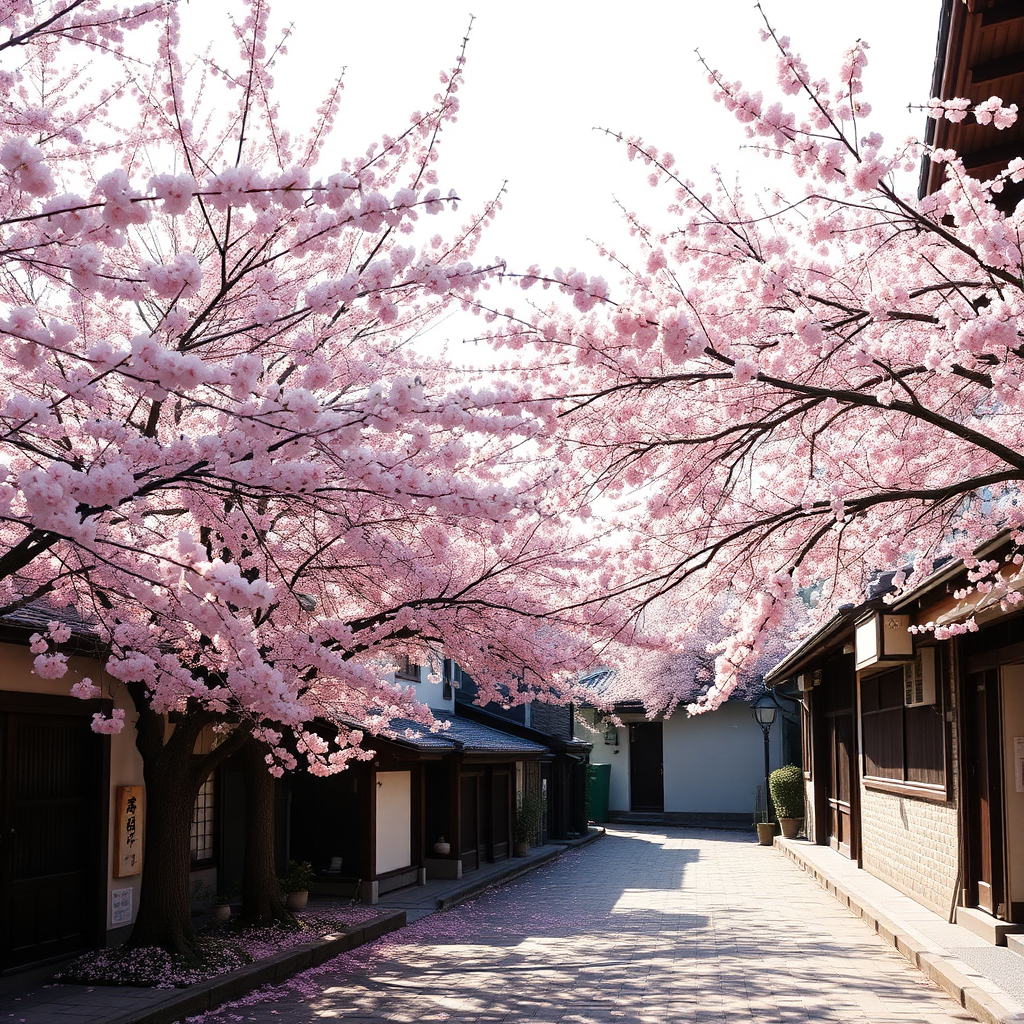 Cherry blossoms in full bloom along a historic Japanese street