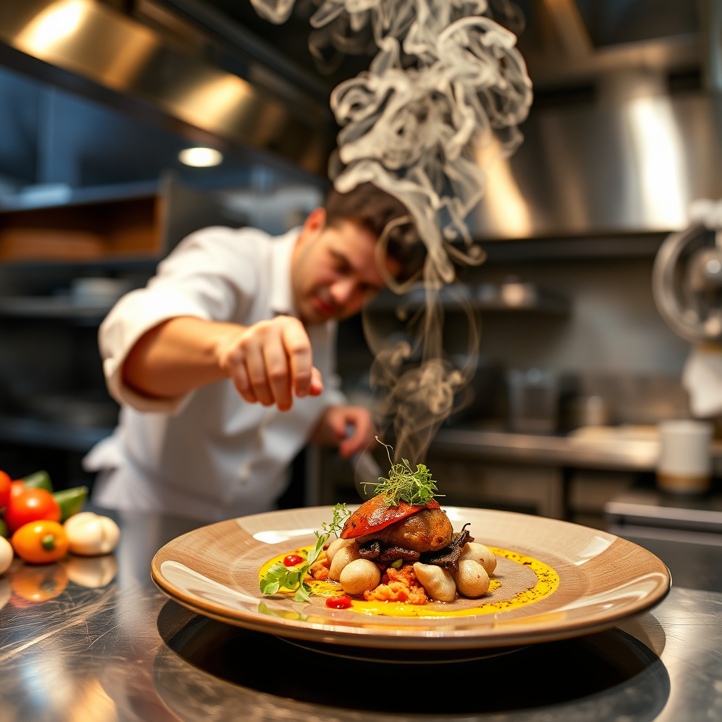 Chef plating a gourmet dish in a professional kitchen