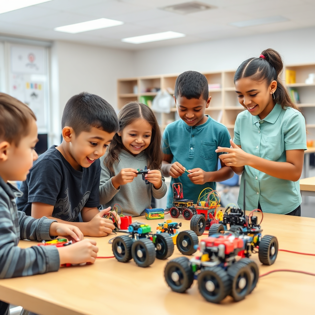 Students building robots in a STEM classroom workshop