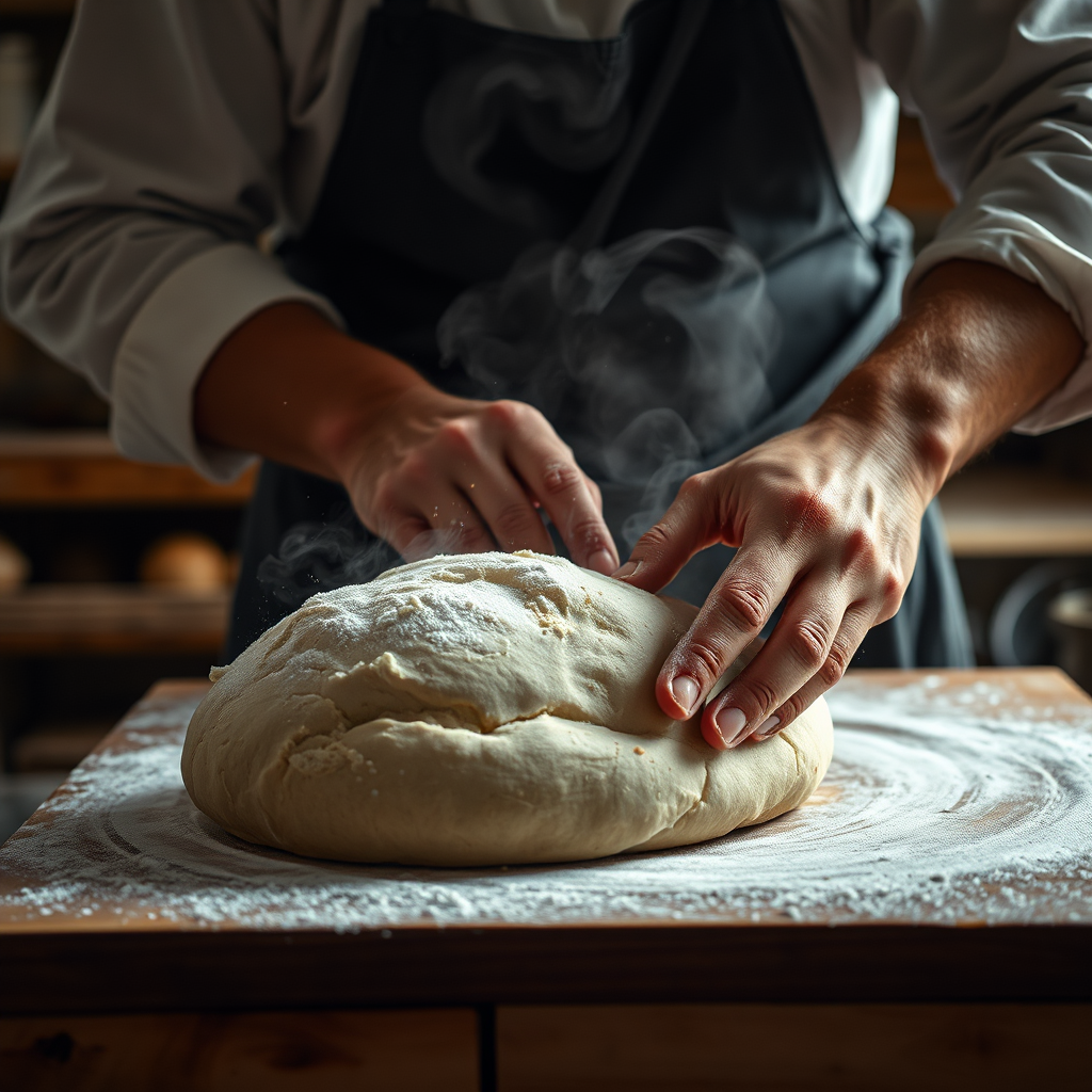 Baker kneading bread dough in a rustic bakery