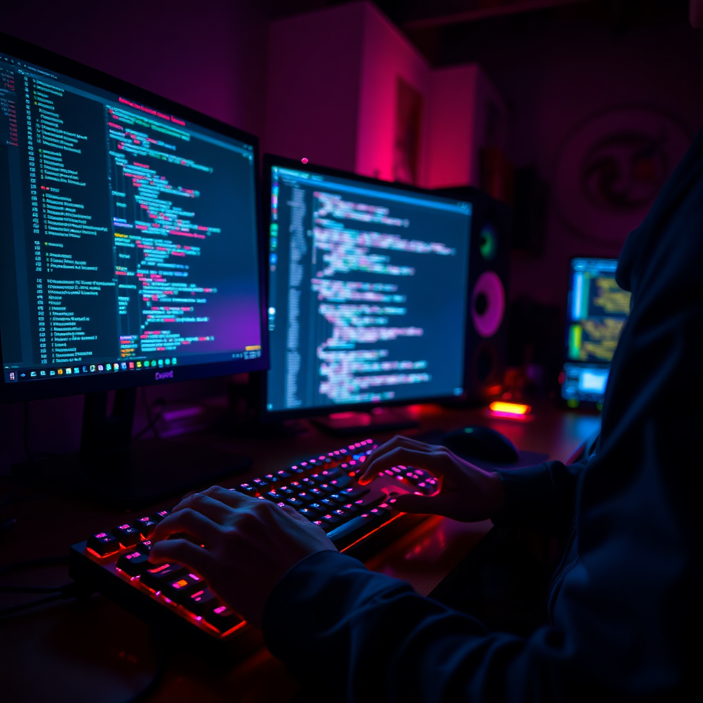 Developer coding on a backlit keyboard