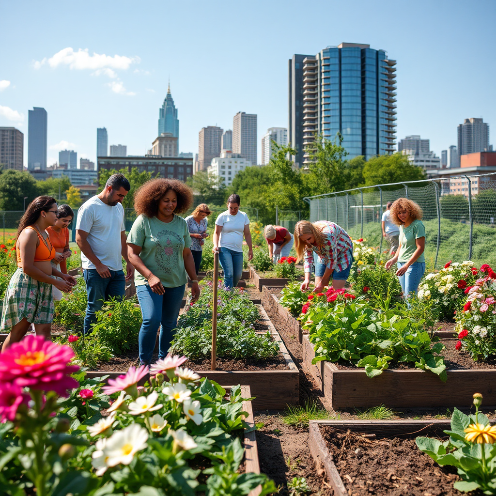 Volunteers planting vegetables in a community garden