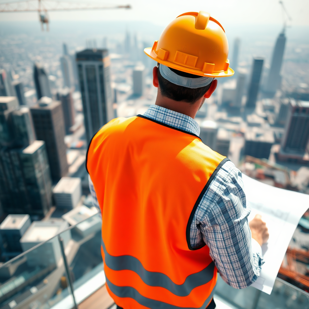 Construction worker reviewing blueprints on a high-rise site