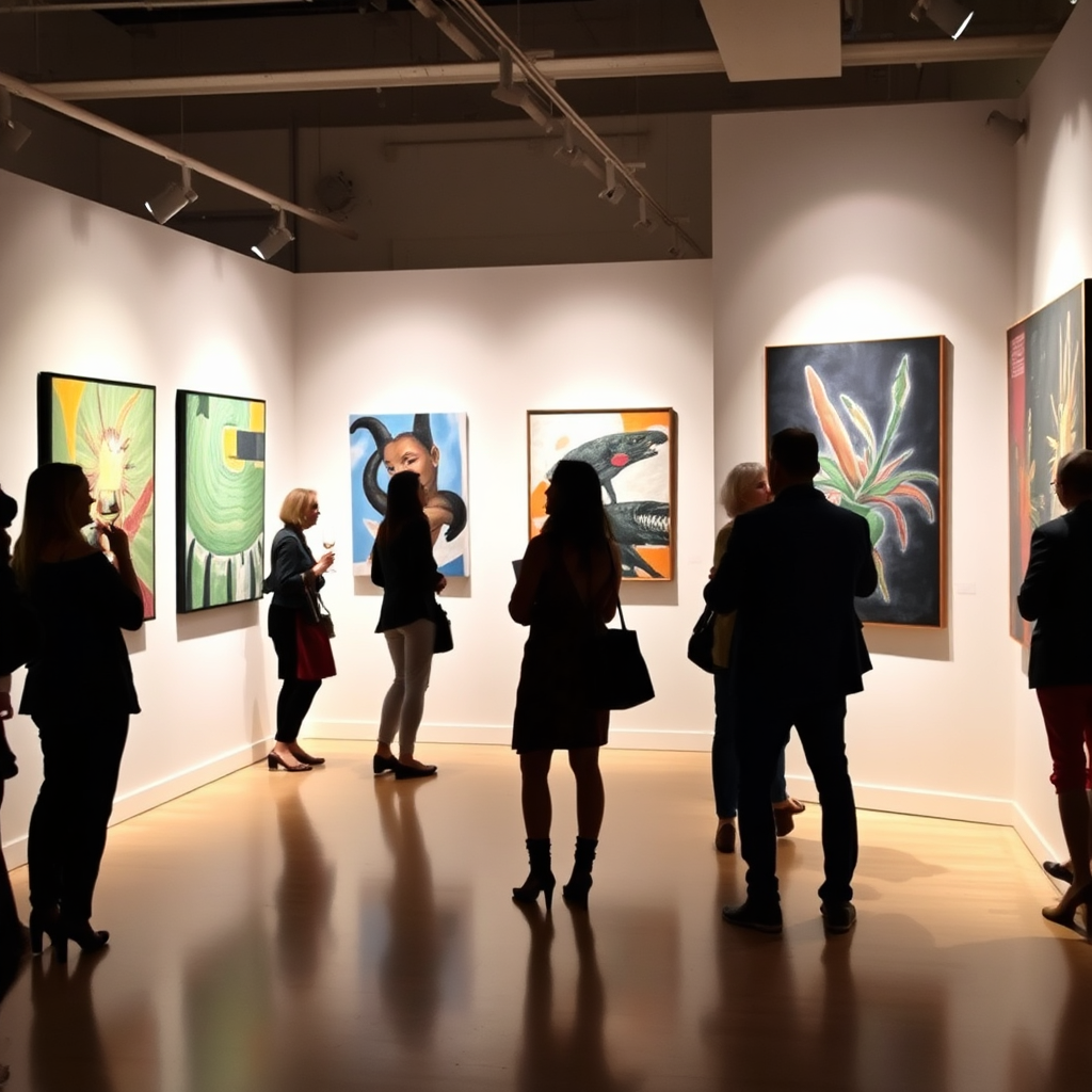 Art gallery opening night with people viewing paintings