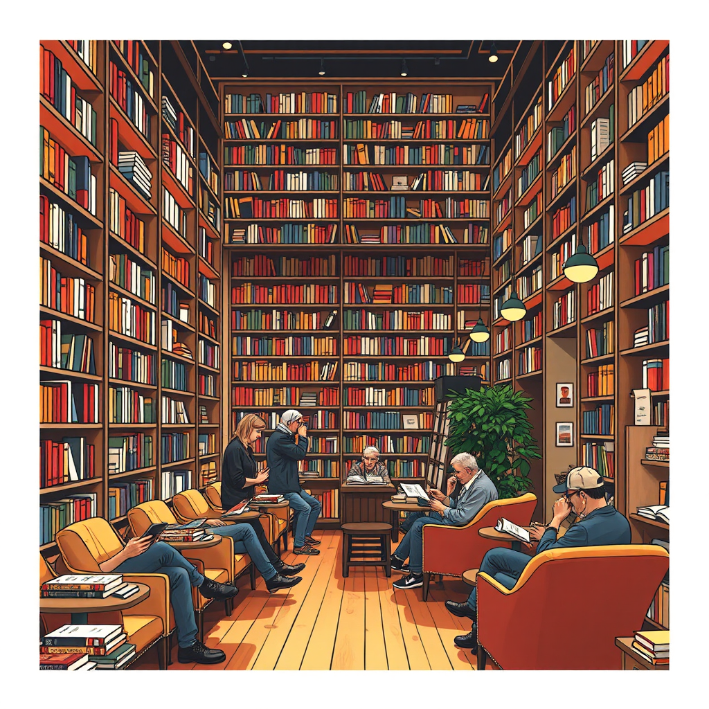 Cozy bookshop cafe with shelves of books and readers
