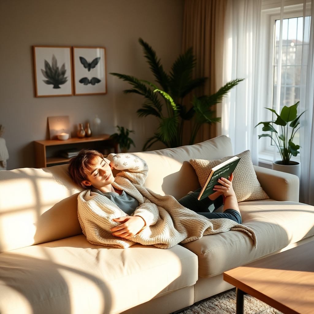 Person relaxing on a sofa reading a book in a cozy living room