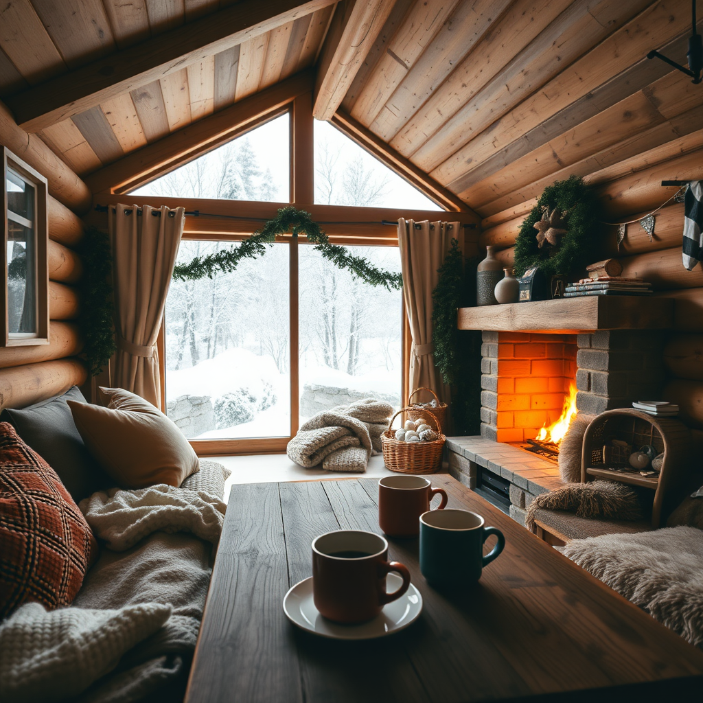 Cozy winter cabin interior with a fireplace