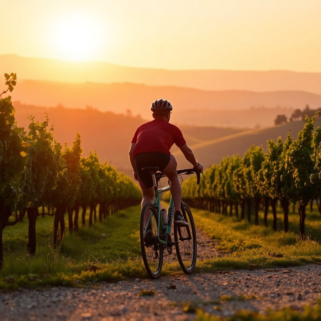 Cyclist riding through a vineyard at golden hour