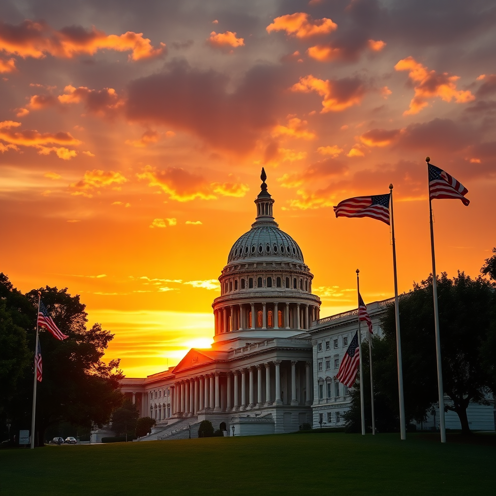 US Capitol building at sunset with waving flags