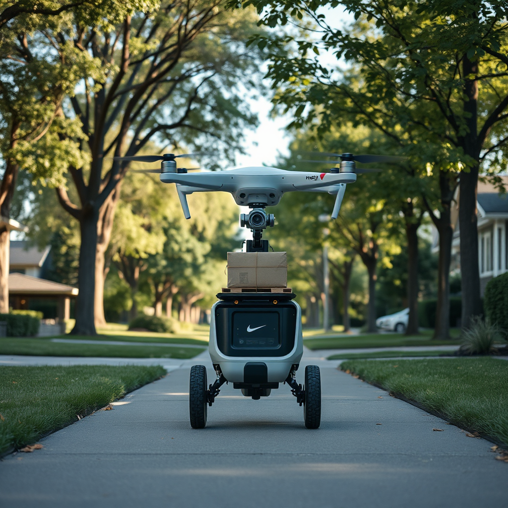 Autonomous delivery robot on a suburban sidewalk