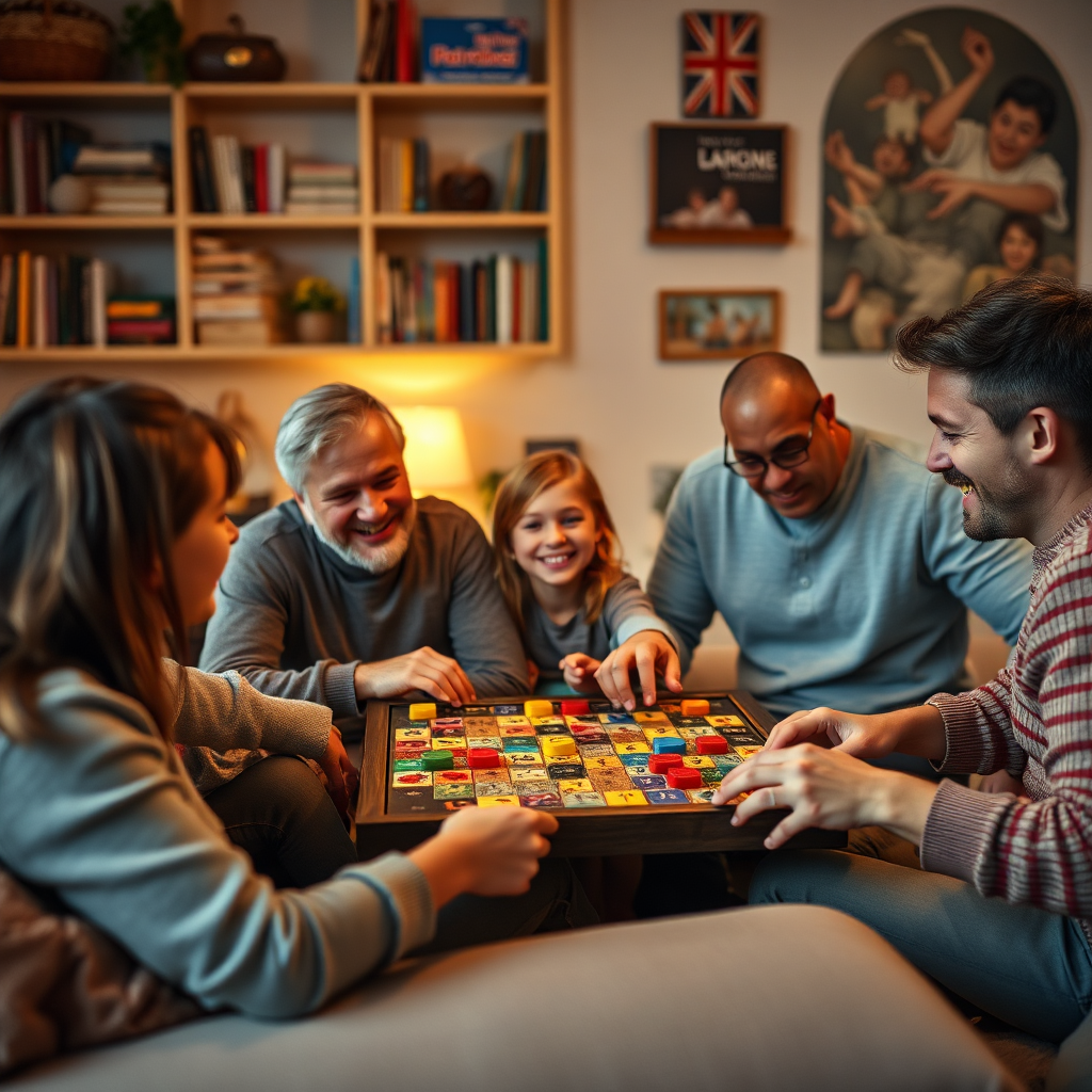 Family playing board games together in a cozy living room