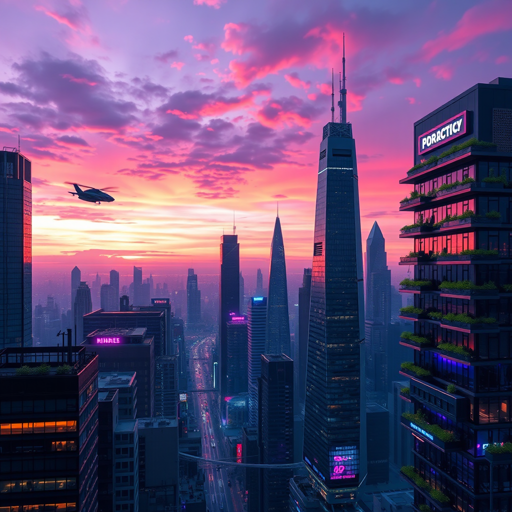 Futuristic city skyline with flying cars and green buildings