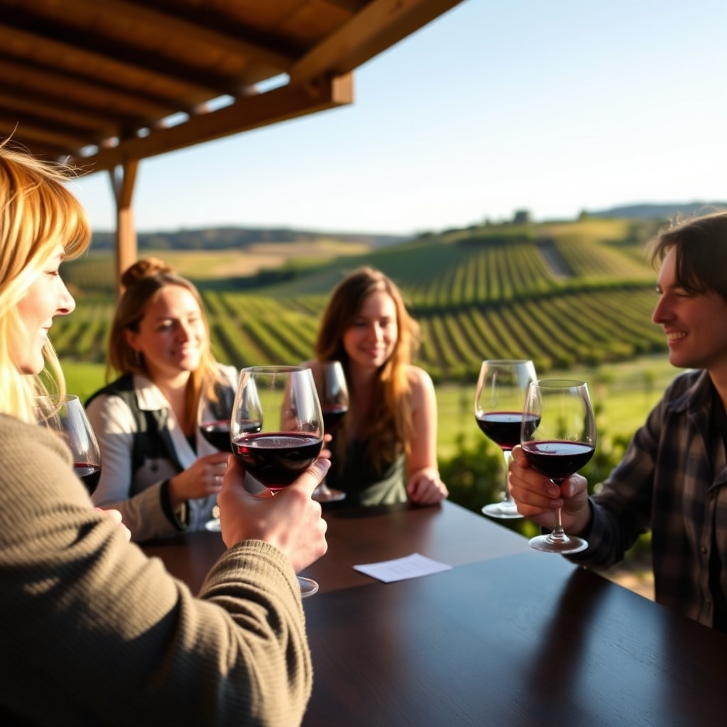 Friends wine tasting at a vineyard estate