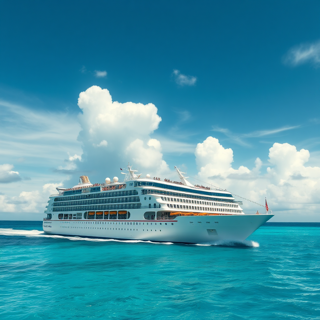 Large cruise ship sailing through tropical waters