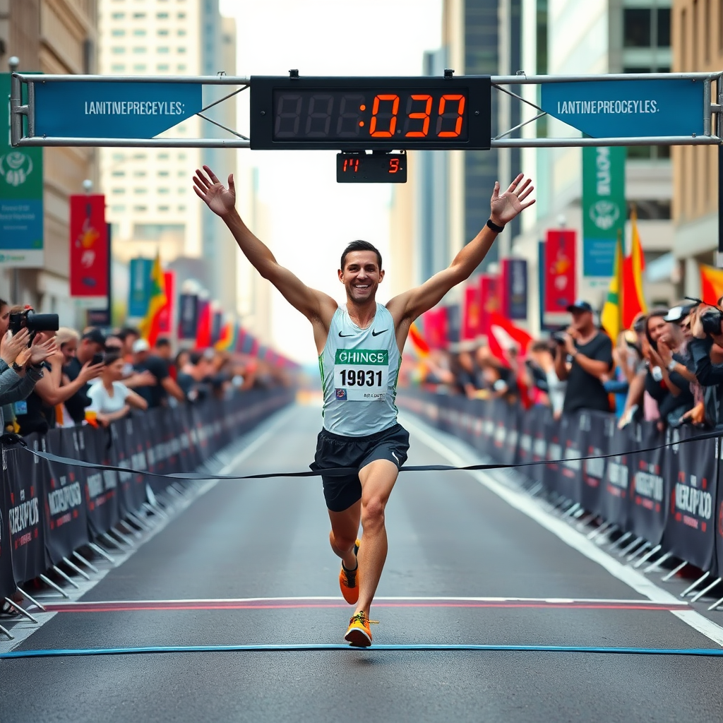Marathon runner crossing the finish line with raised arms