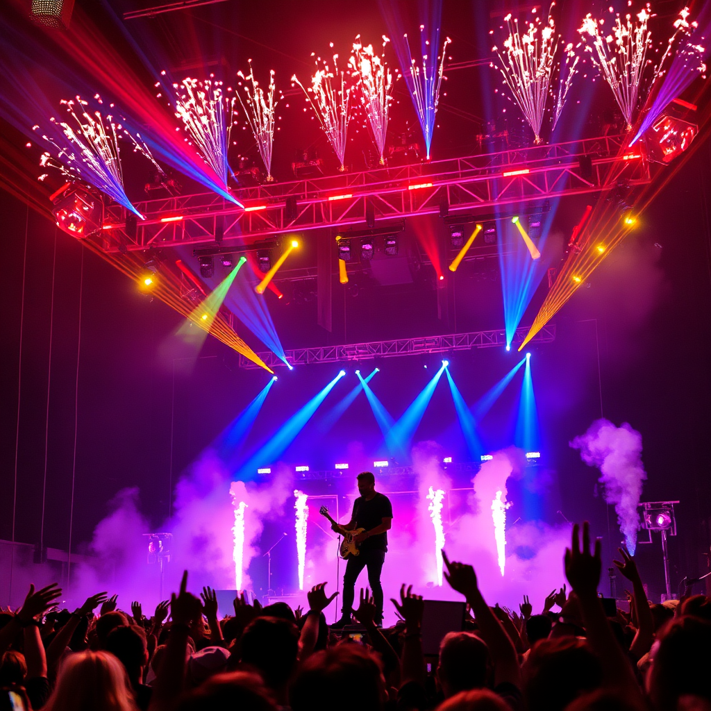 Musician performing at a music festival with stage lights