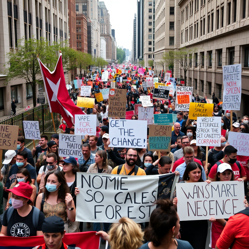 People marching in a protest with signs and banners