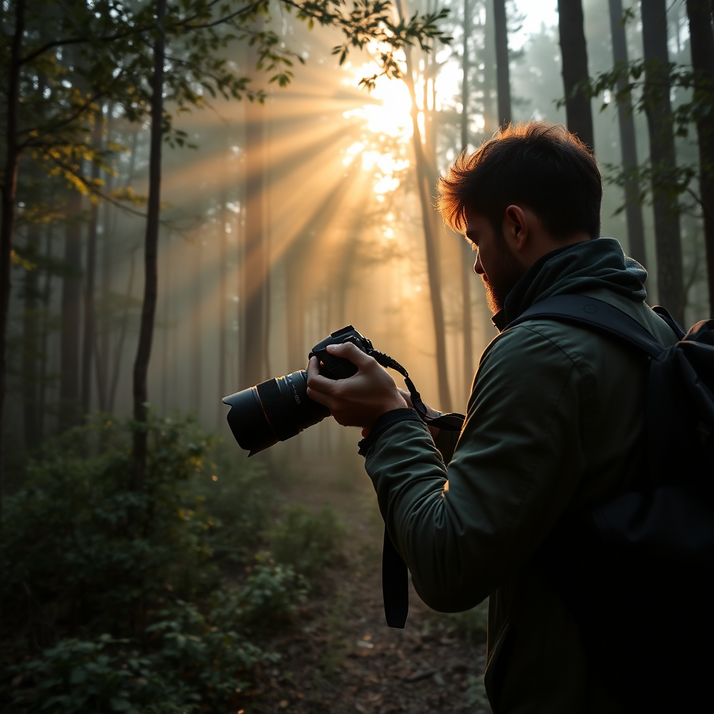 Photographer taking photos in a misty forest at dawn