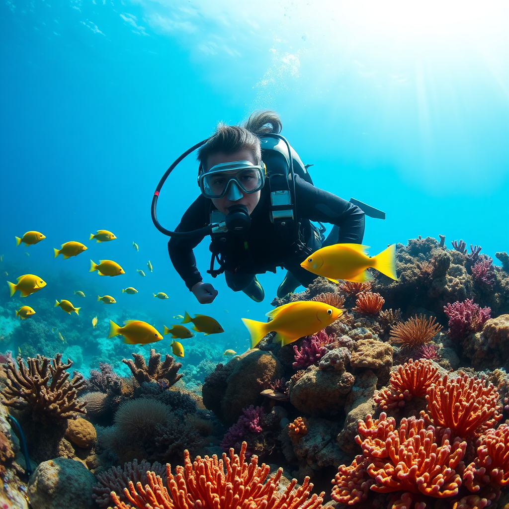Scuba diver exploring a colorful coral reef