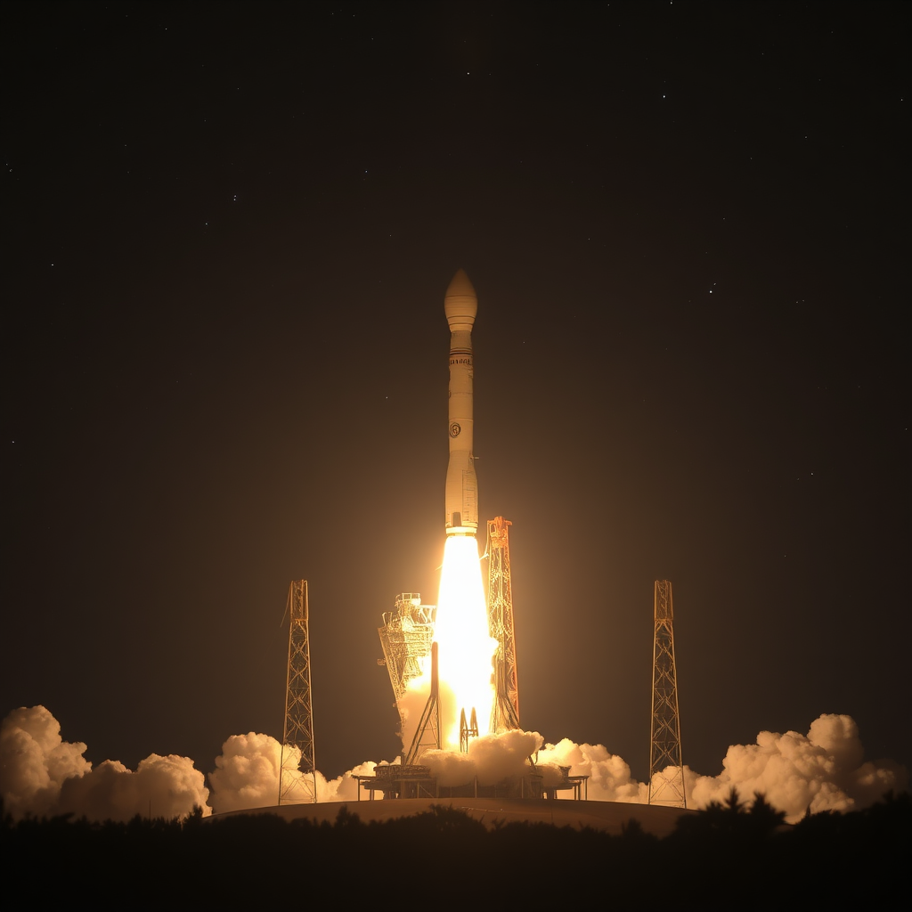 Rocket launching at night with bright flames