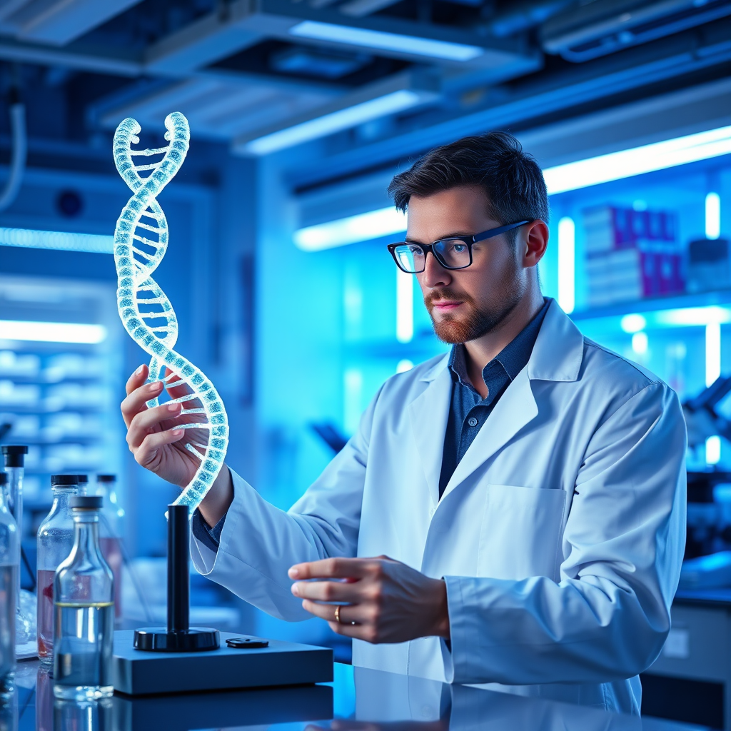 Scientist examining a glowing DNA model in a lab