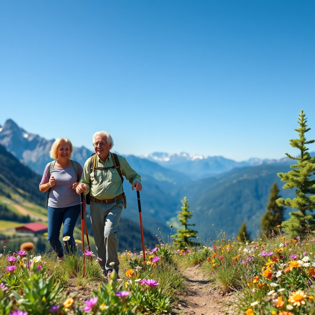 Senior couple hiking on a mountain trail