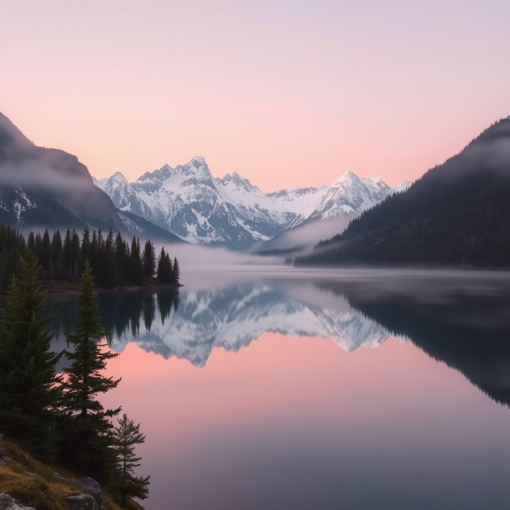 Mountain lake at sunrise with mirror reflection