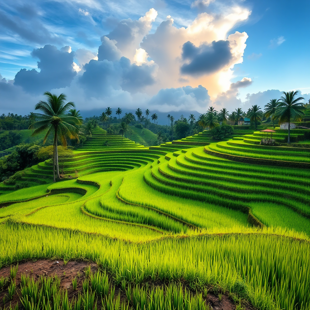 Terraced rice paddies in Bali reflecting the sky