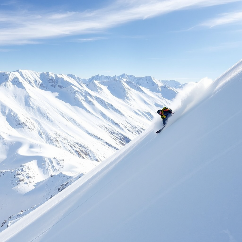 Skier carving fresh powder on a mountain slope
