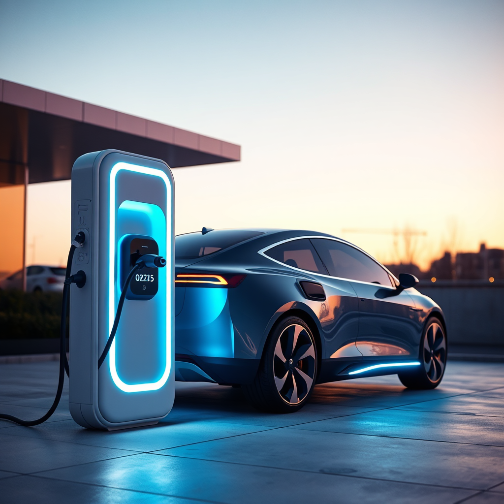 Electric car charging at a modern station