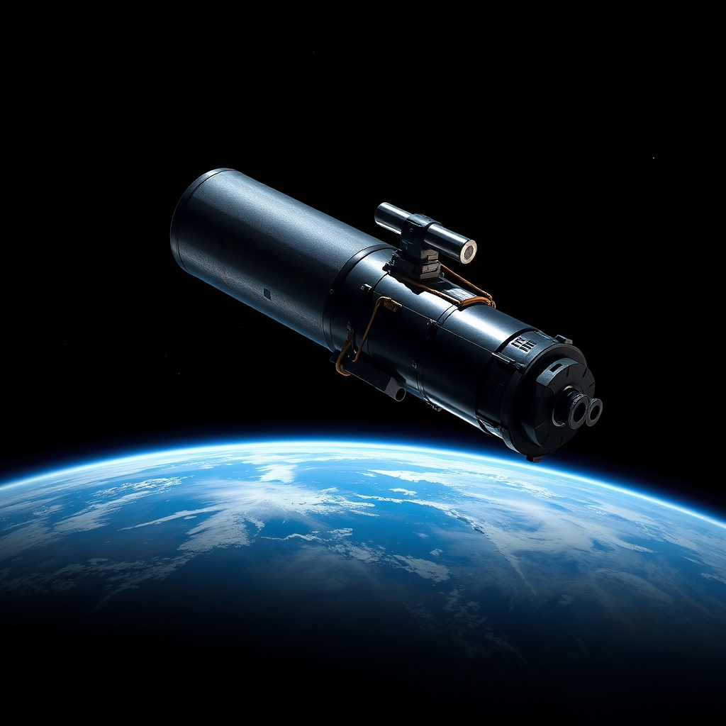 Space telescope orbiting Earth with galaxies in view