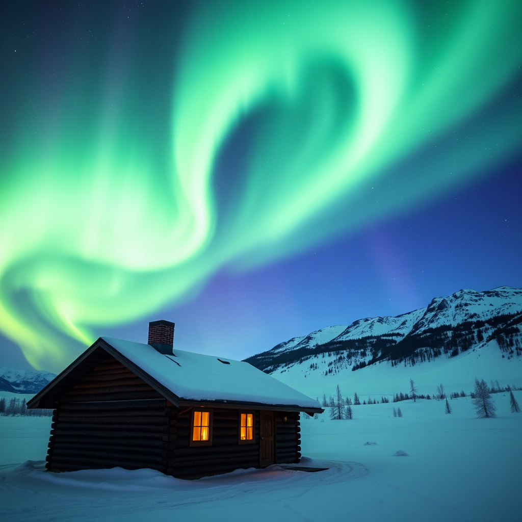Northern lights over a log cabin in the arctic