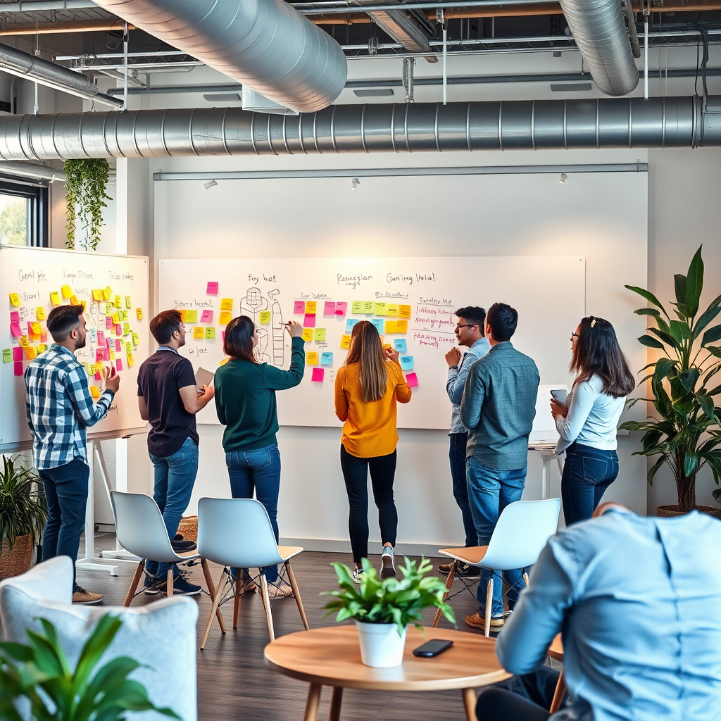 Startup team brainstorming in a modern office