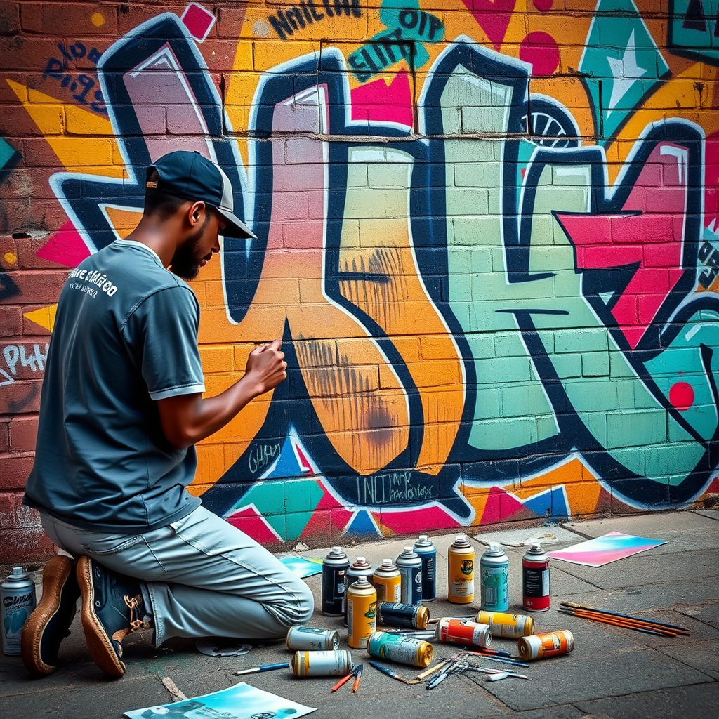 Street artist painting a colorful mural on a brick wall