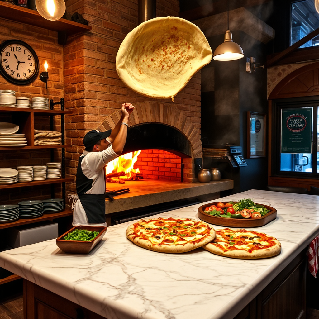Pizzaiolo tossing pizza dough in a traditional Italian pizzeria