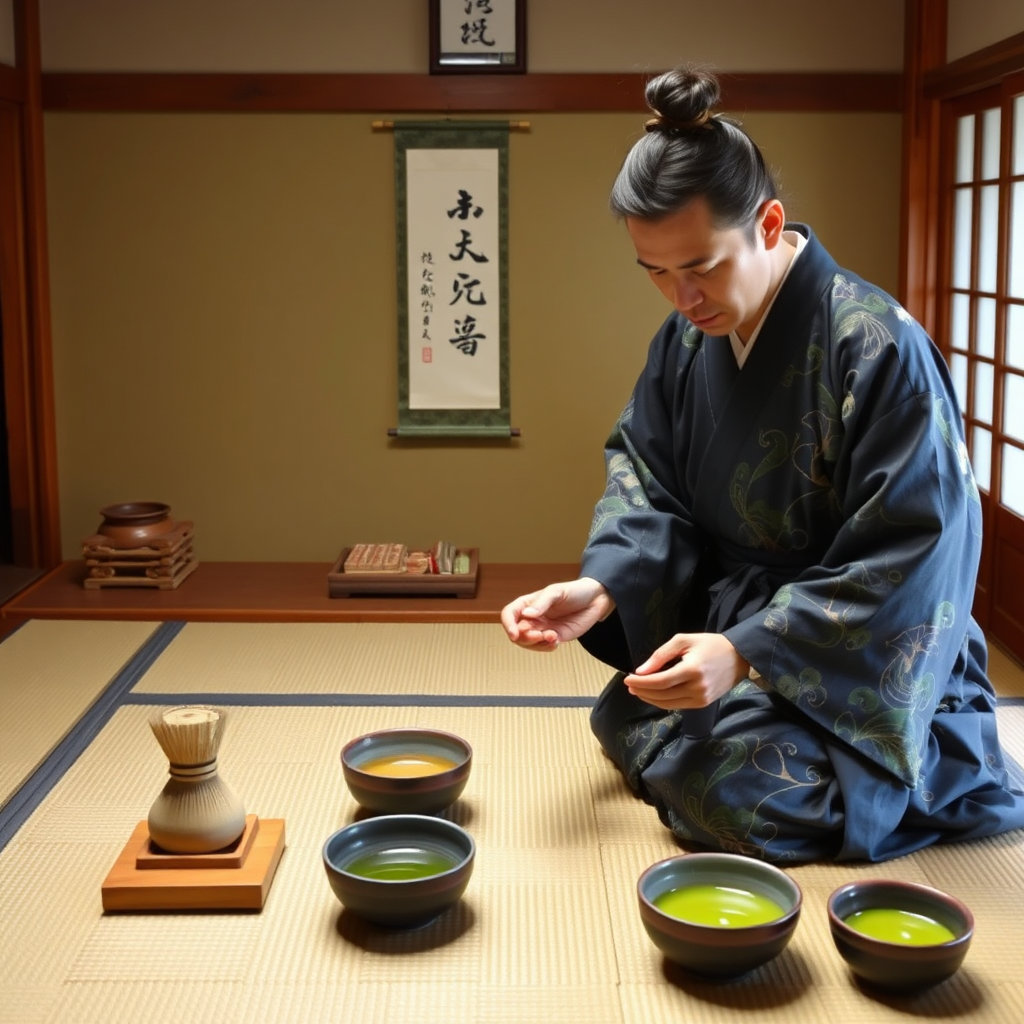 Japanese tea ceremony with a master preparing matcha